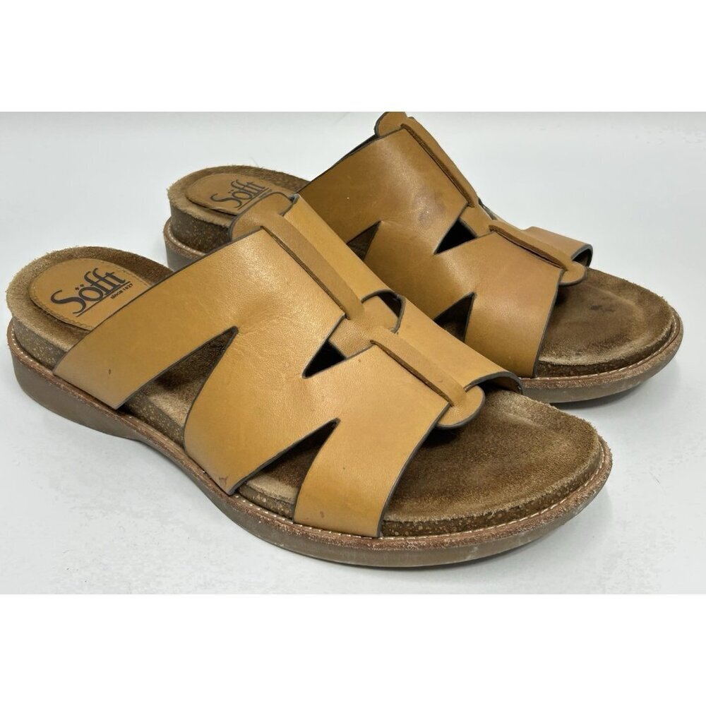 Sofft Balin Leather Slides Mules Sandals Size 8.5 Cork Footbed Luggage Tan